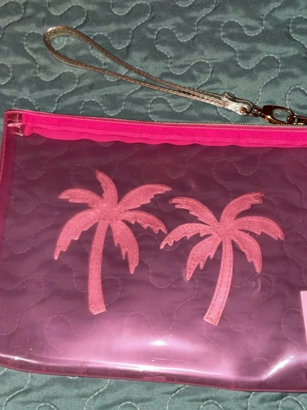 Lilly Pulitzer Pink Clear Wristlet Clutch with Gold Palm Tree Appliqués